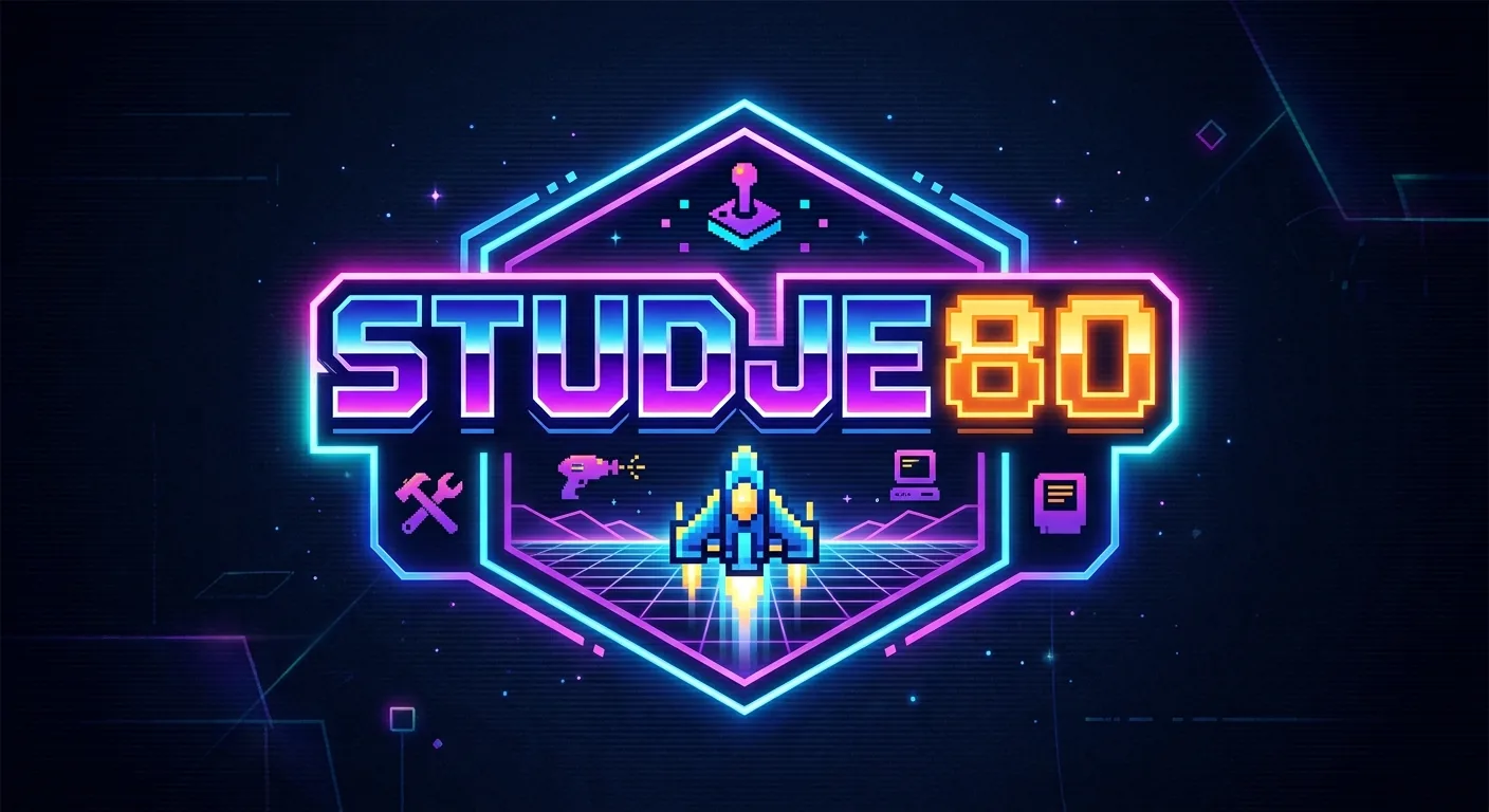 Logo Studje80 : le nom en lettres néon, un vaisseau en pixel art au-dessus d'une grille rétro