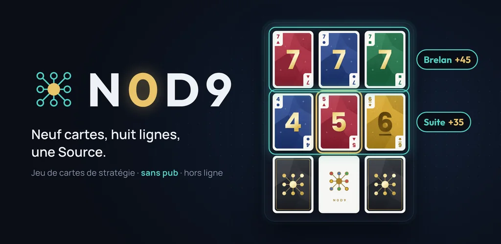 Bannière de N0d9 : le logo, le slogan « Neuf cartes, huit lignes, une Source », et une grille de neuf cartes formant un brelan de 7 (+45) et une suite 4-5-6 (+35)