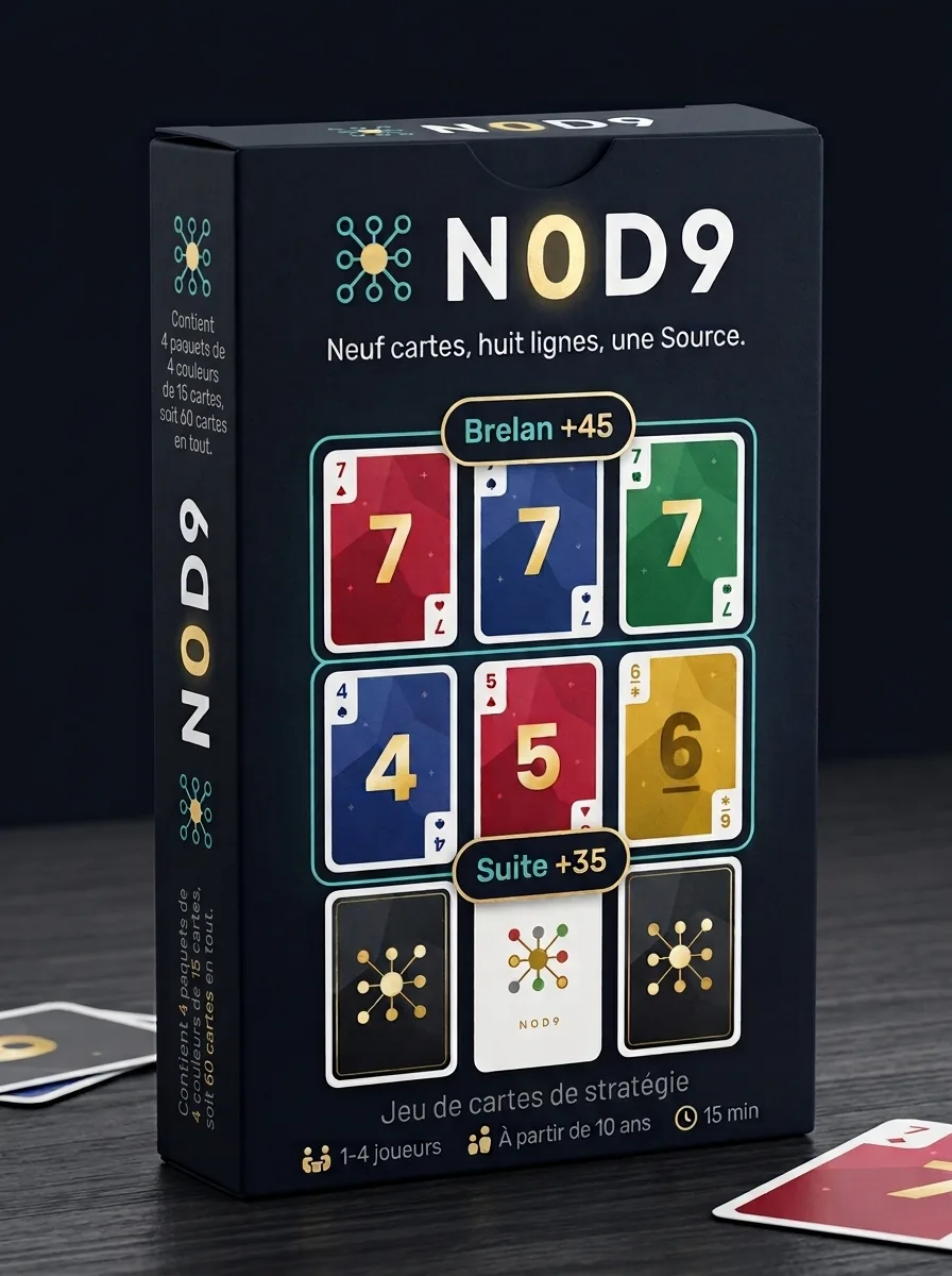 Boîte du jeu de cartes N0d9 : sur fond noir, une grille de cartes rouges, bleues, vertes et jaunes formant un brelan de 7 et une suite 4-5-6, avec les mentions 1 à 4 joueurs, à partir de 10 ans, 15 minutes